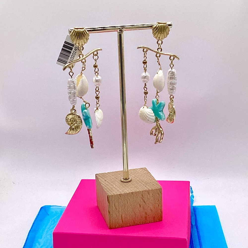 Boutique Gold-Tone Shell &  Coral Aqua Dangle Earrings
